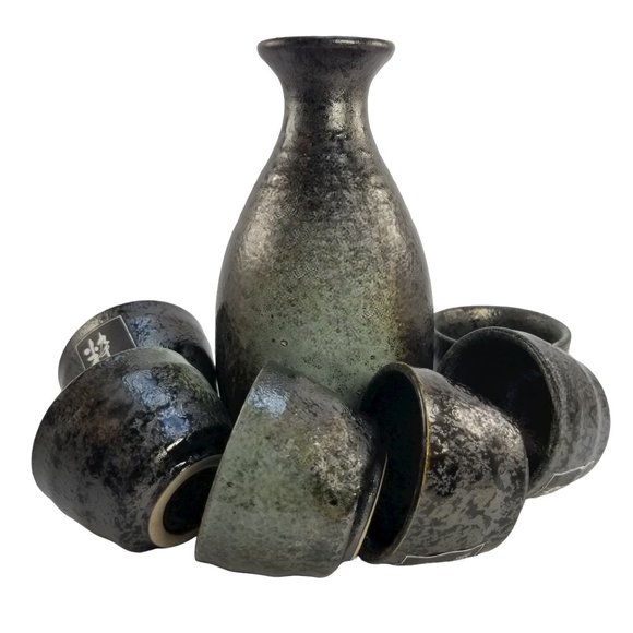 7 Piece Japanese Black Stone Style Ceramic Sake Server Set - Picture 3 of 9